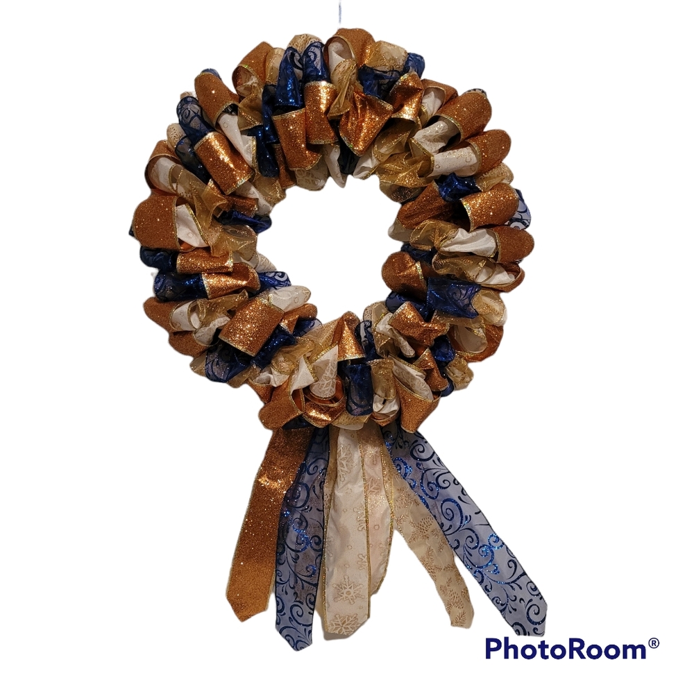 Holiday Christmas Metallic Shimmery Ribbon Wreath Blue Gold and White